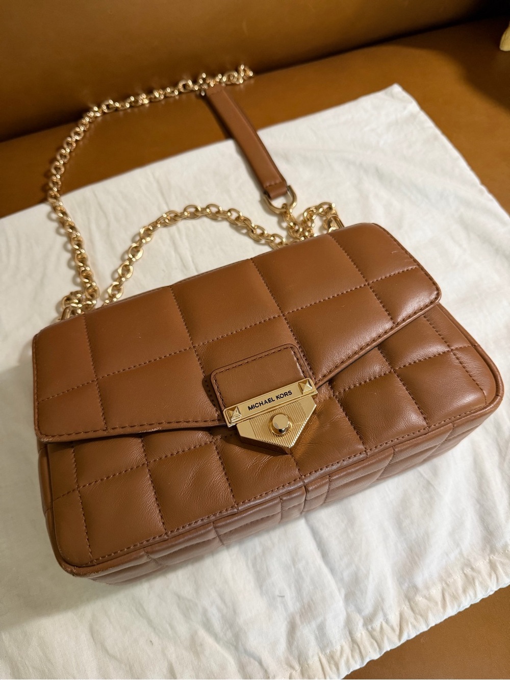 Michael Kors Quilted Shoulder Bag in Cognac Brown with Gold Hardware